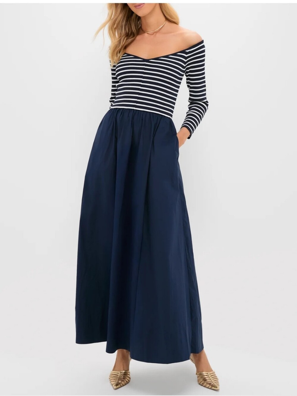 Tuckernuck Navy Stripe Clea Dress XS Off Shoulder Maxi Fit & Flare Pockets